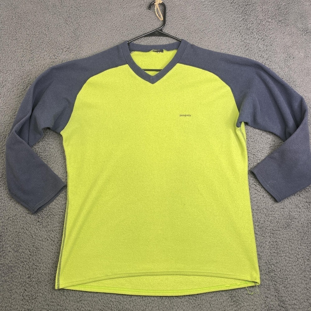 Patagonia Pullover Mens Medium Green Gray Fleece V-Neck Raglan Vintage USA